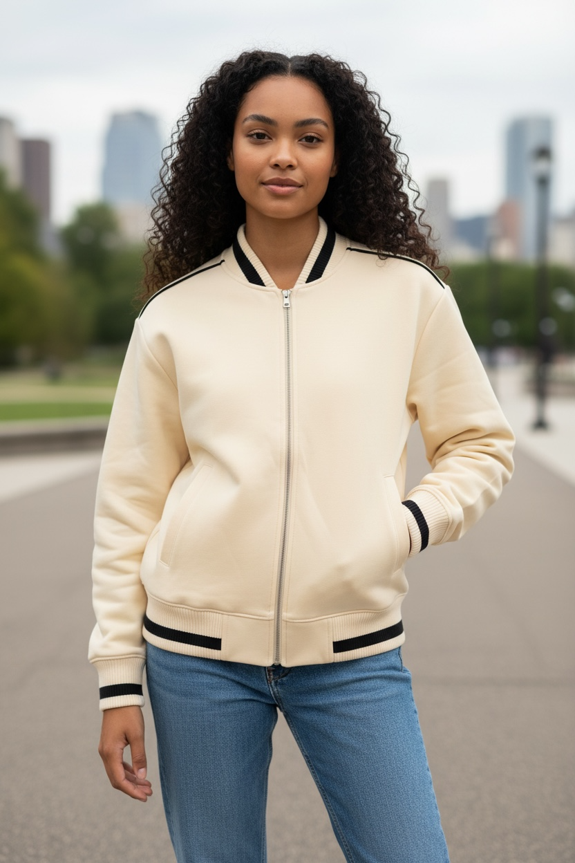 Contrast Piping Zip Bomber Jacket